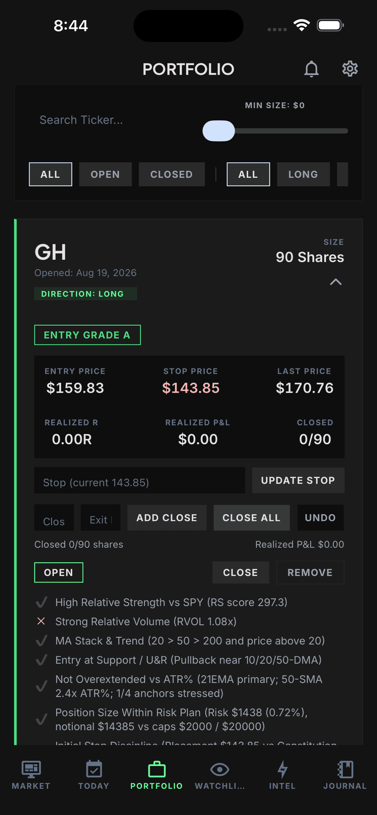 TradeRegimen Portfolio screen showing an illustrative position with recorded entry, stop, size, and Entry Grade factors