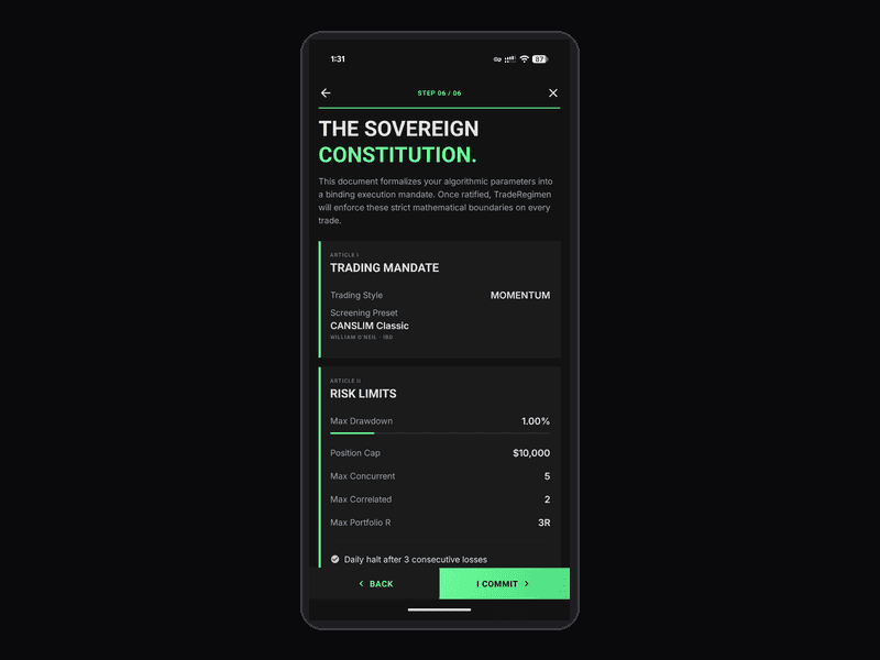 TradeRegimen onboarding preview summarizing a fictional Trading Constitution